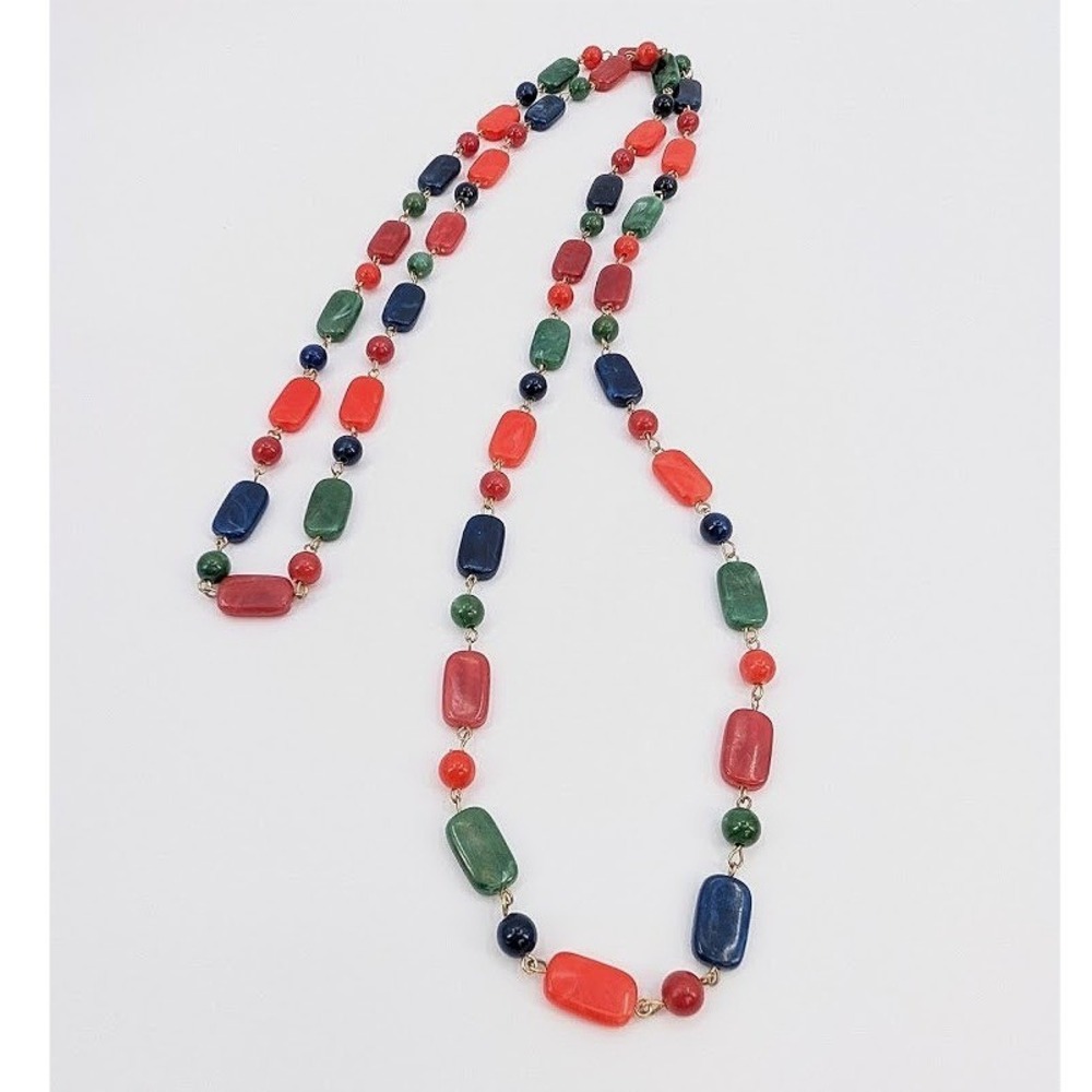 Vintage Long Multi Color Beaded Necklace Resin Acrylic Station Mod Pop Art 47"‎